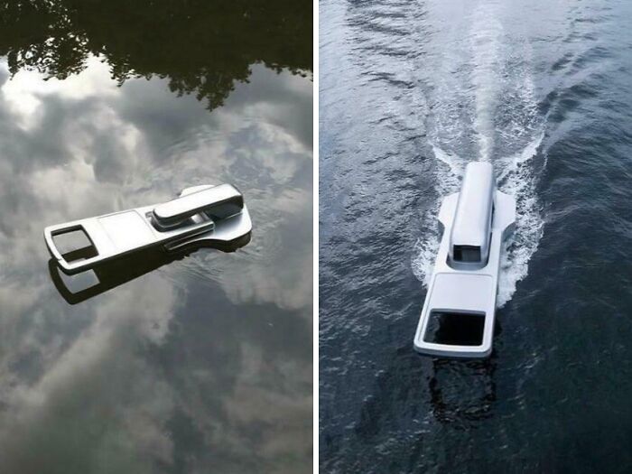 Boat designed like a USB drive floating on water, showcasing clever and smart designer innovation.