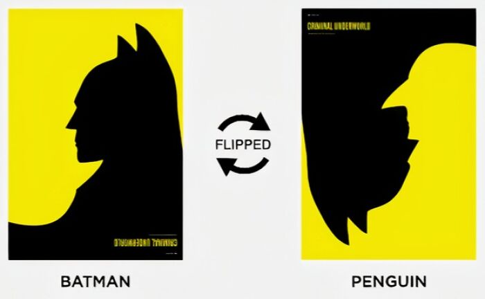 Creative designer poster showing Batman silhouette flipping to reveal Penguin face, showcasing smart and cool design innovation.