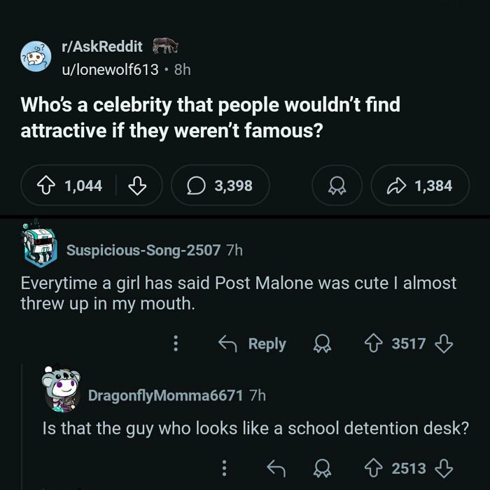 Reddit thread showing epic burns with insults turning into art, discussing unpopular celebrity attractiveness opinions.