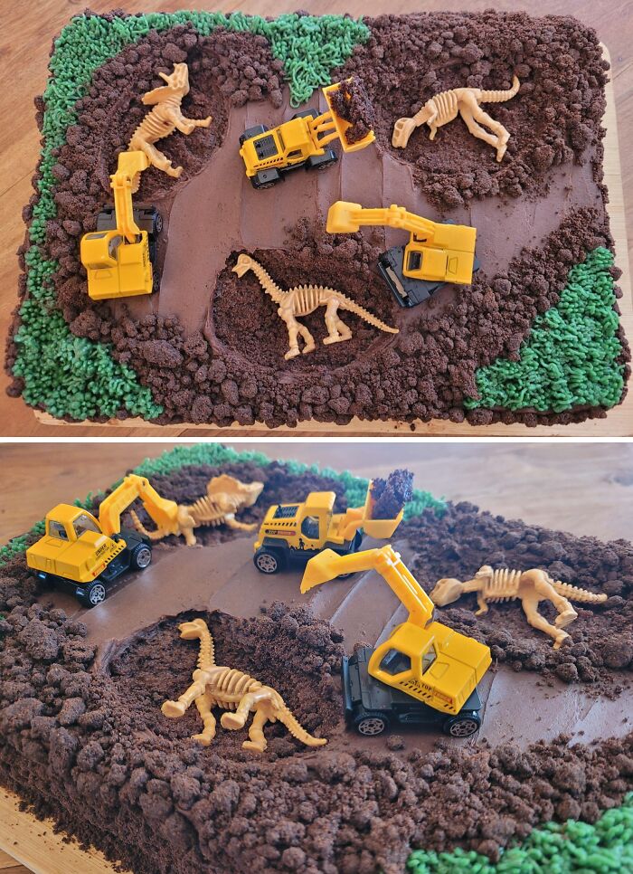Chocolate excavation-themed cake with toy construction vehicles and dinosaur skeleton decorations showcasing masterfully crafted cakes.