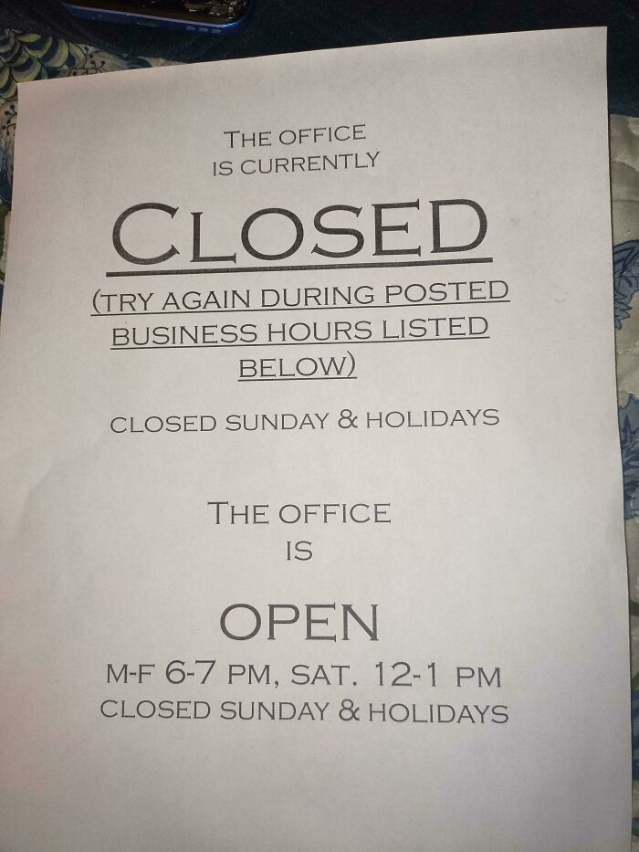 Sign on office door showing inconsistent hours and closures, illustrating rental nightmares where landlords cut corners and got exposed.