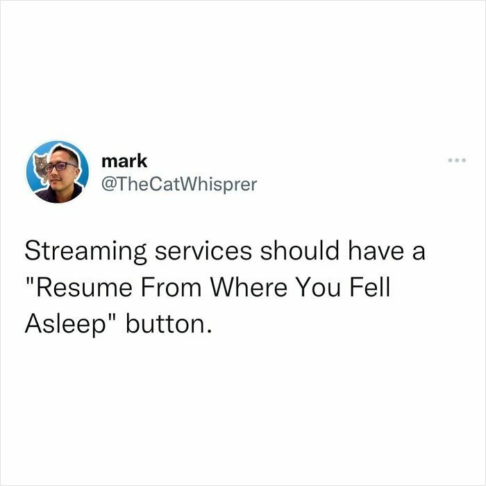 Screenshot of a relatable parenting and marriage tweet about streaming services needing a resume button after falling asleep.