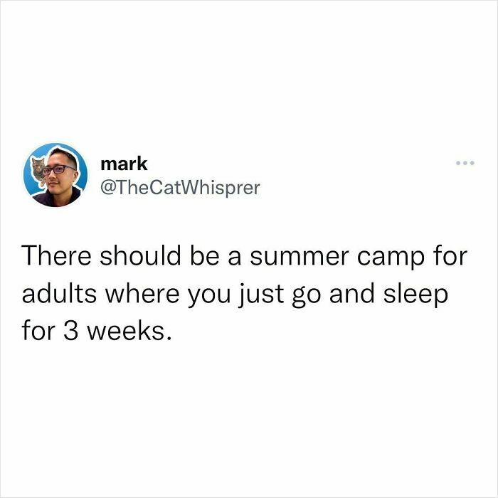 Tweet about adults needing a summer camp to sleep for three weeks, highlighting relatable parenting and marriage humor.