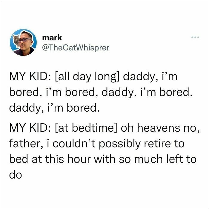 Parenting tweet showing kids bored all day but suddenly too busy at bedtime, highlighting relatable parenting and marriage humor.