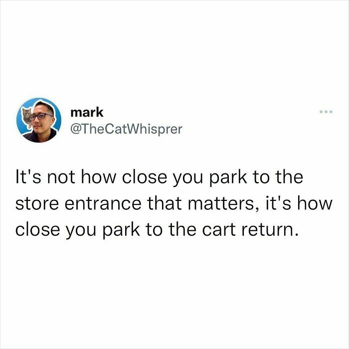 Tweet about parenting and marriage humor highlighting the relatable struggle of parking near the cart return.