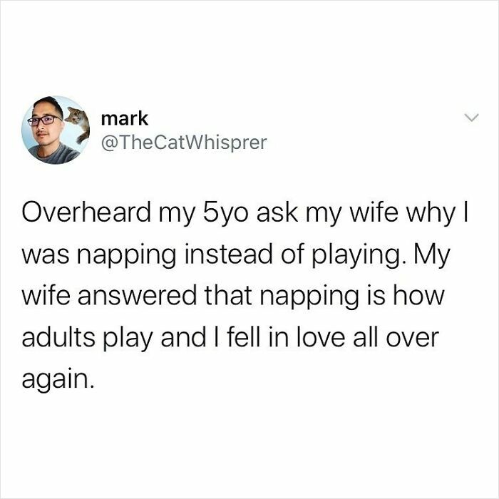 Parenting and marriage tweet about napping as adult play, highlighting relatable moments in family life and relationships.