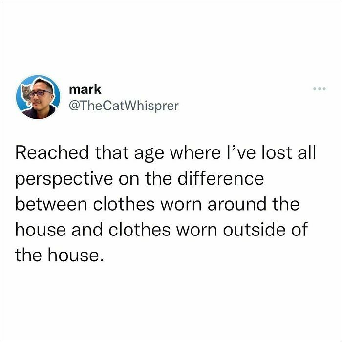 Parenting and marriage tweet about losing perspective on clothes worn inside versus outside the house.