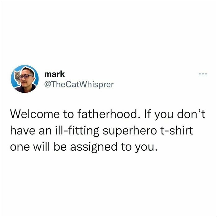 Parenting tweet humor about fatherhood and ill-fitting superhero t-shirts in relatable parenting and marriage tweets context.