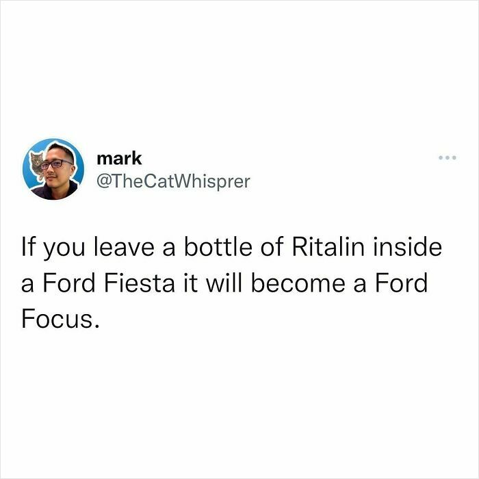 Tweet humor about parenting and marriage showing a witty joke relating Ritalin to a Ford Fiesta becoming a Ford Focus.