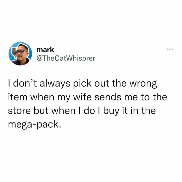 Tweet about relatable parenting and marriage humor with a funny story about buying the wrong item at the store.