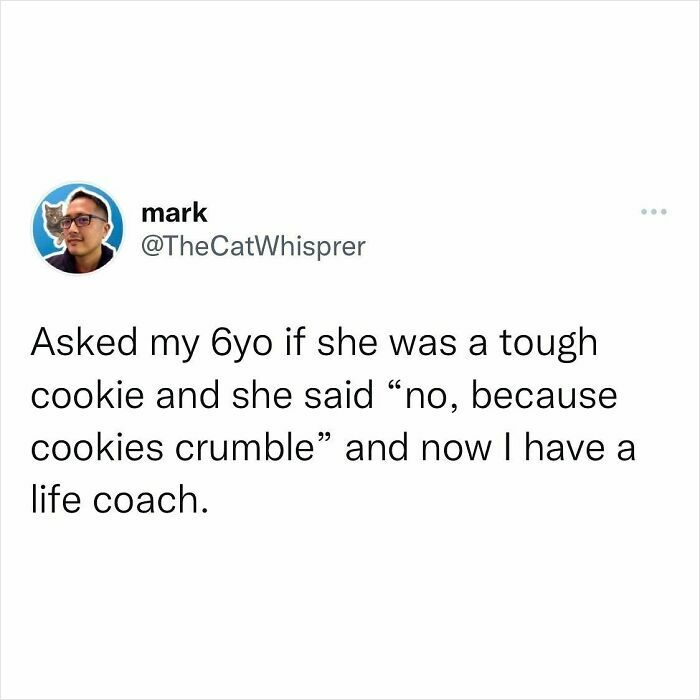 Tweet from a parent sharing a funny and relatable parenting moment about their child's wise response.