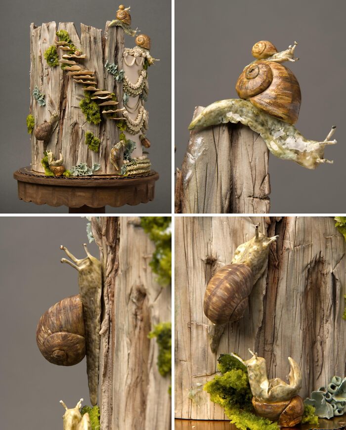 Masterfully crafted cake designed as a tree trunk with detailed snails and moss, showcasing exceptional cake creativity.