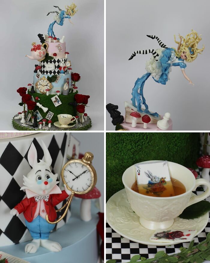 Masterfully crafted cakes inspired by Alice in Wonderland featuring detailed figures and creative edible decorations.