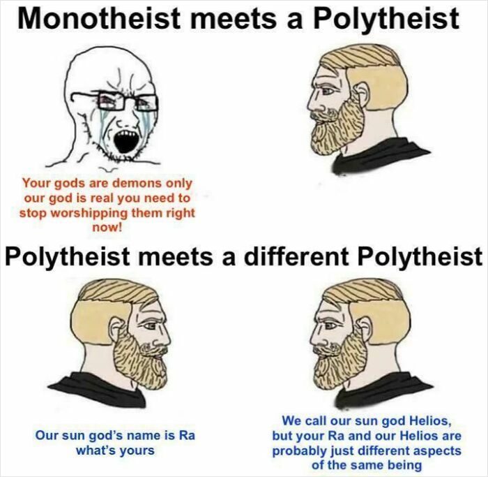 Meme illustrating monotheist and polytheist interactions, useful for learning valuable history class content through humor.