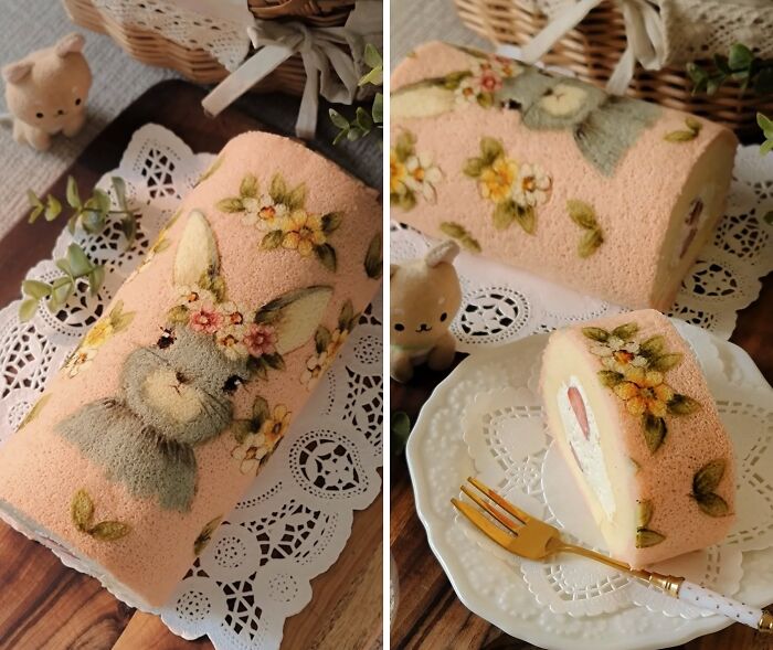 Rolled cake decorated with detailed bunny and floral designs, showcasing masterfully crafted cakes and creative baking art.