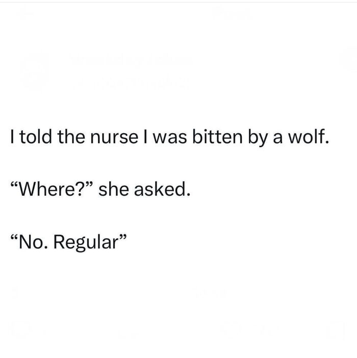Text post showing a hilariously stupid joke about being bitten by a wolf, reflecting funny angry upvote content.
