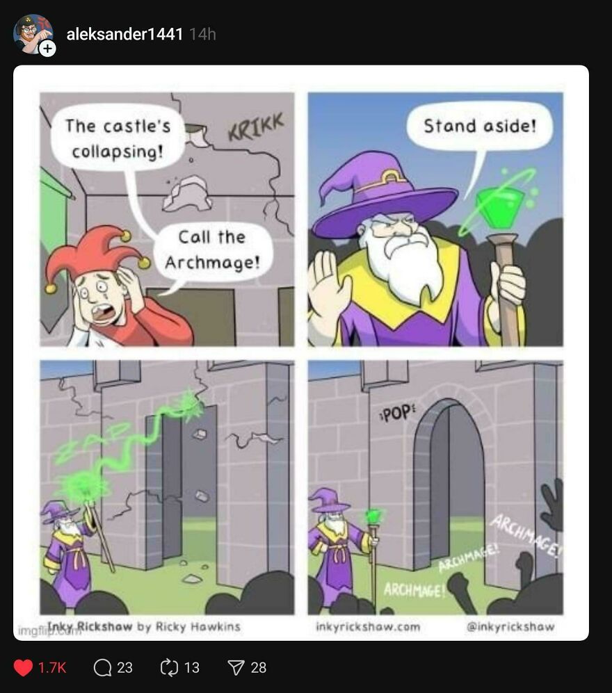 Comic showing a wizard using magic on a collapsing castle, fitting the theme of horrible jokes with angry upvotes.