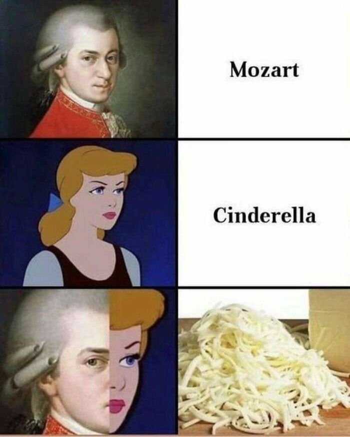Split image showing Mozart portrait, Cinderella cartoon, then half Mozart and Cinderella combined, and a pile of shredded cheese, funny stupid posts.