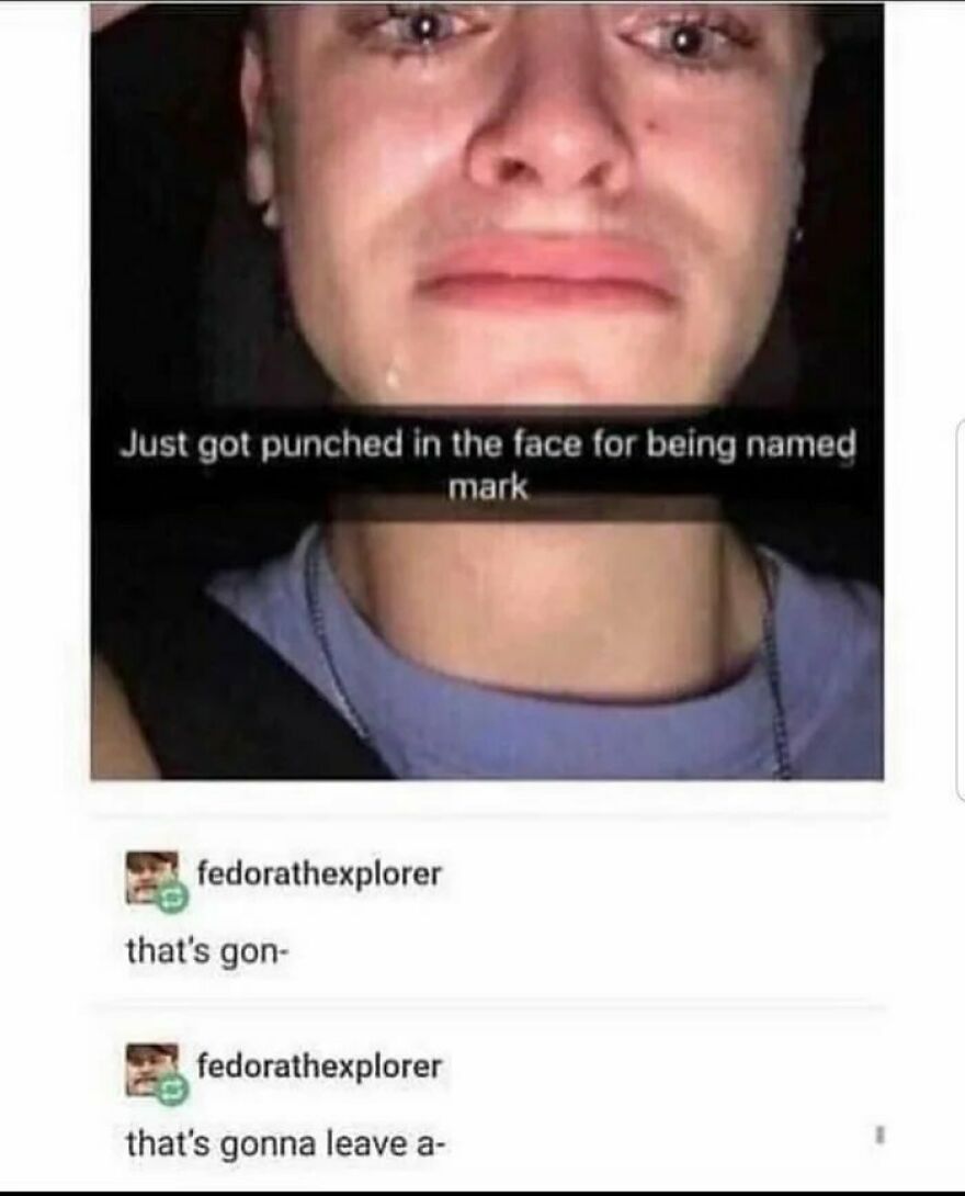 Young man with a bruised face captioned with a horrible joke, receiving angry upvotes in a social media post.