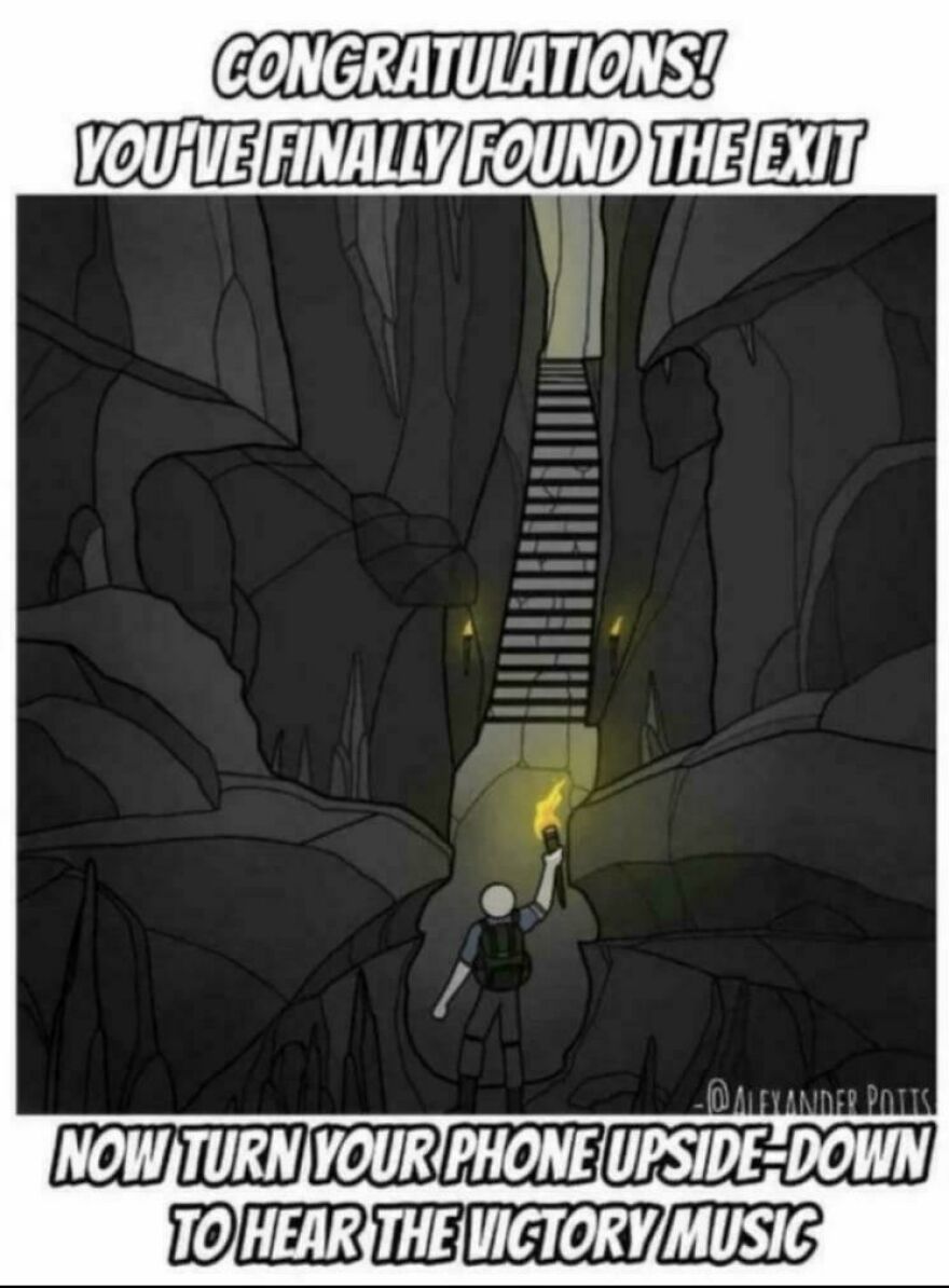 Illustration of a person finding an exit in a cave, referencing a joke rewarded with an angry upvote in humor content.