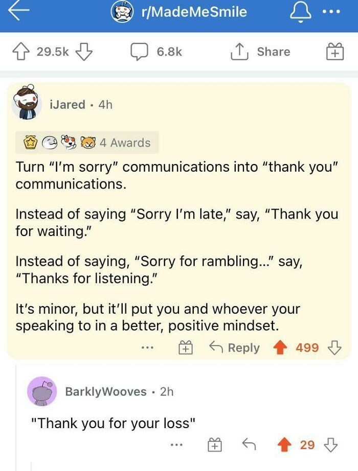 Reddit post humorously suggesting turning sorry communications into thank you communications, with funny replies and upvotes.