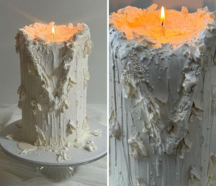Tall white cake designed to resemble a melting candle with intricate textured frosting showcasing creative cake craftsmanship.