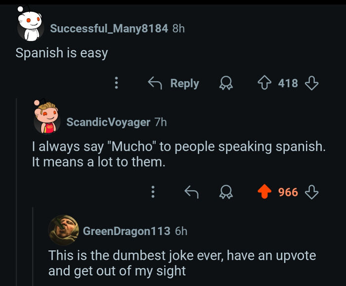 Reddit comments thread showing a hilariously stupid joke about Spanish language receiving many angry upvotes.