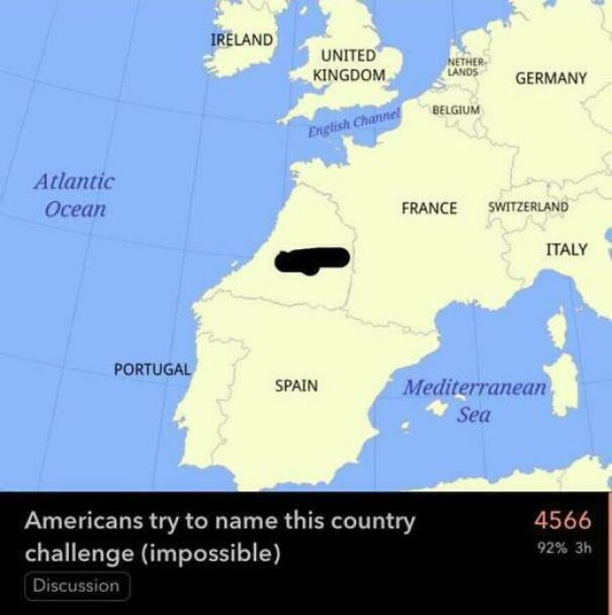 Map showing western Europe with a humor challenge to name a country, illustrating a joke rewarded with an angry upvote.