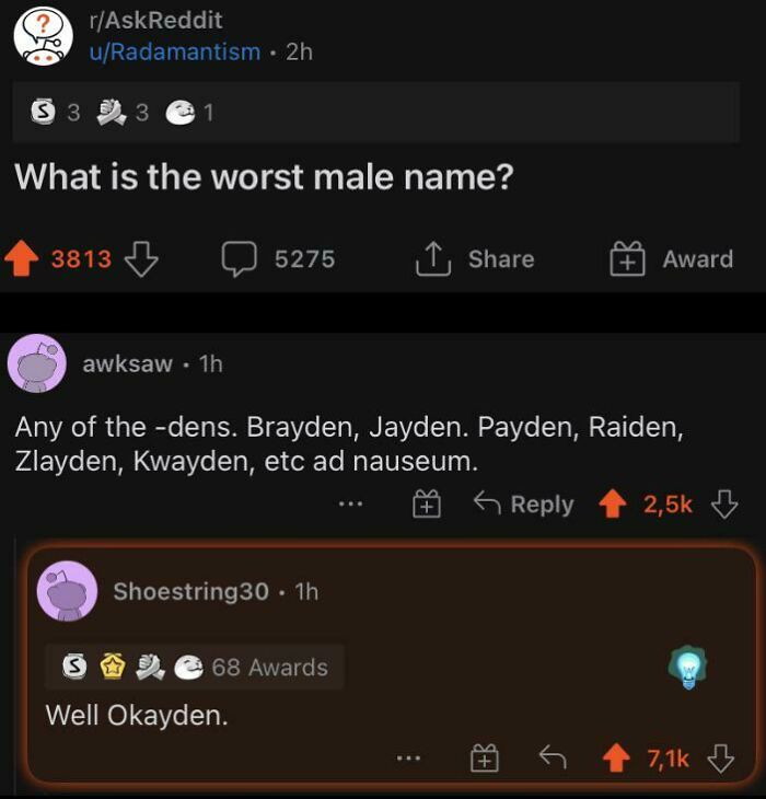 Reddit post with hilariously stupid comments about worst male names receiving angry upvotes and high engagement.