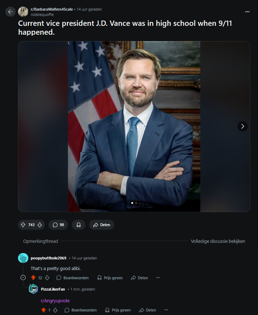 Current vice president J.D. Vance in a suit with crossed arms, featured in a joke rewarded with an angry upvote.