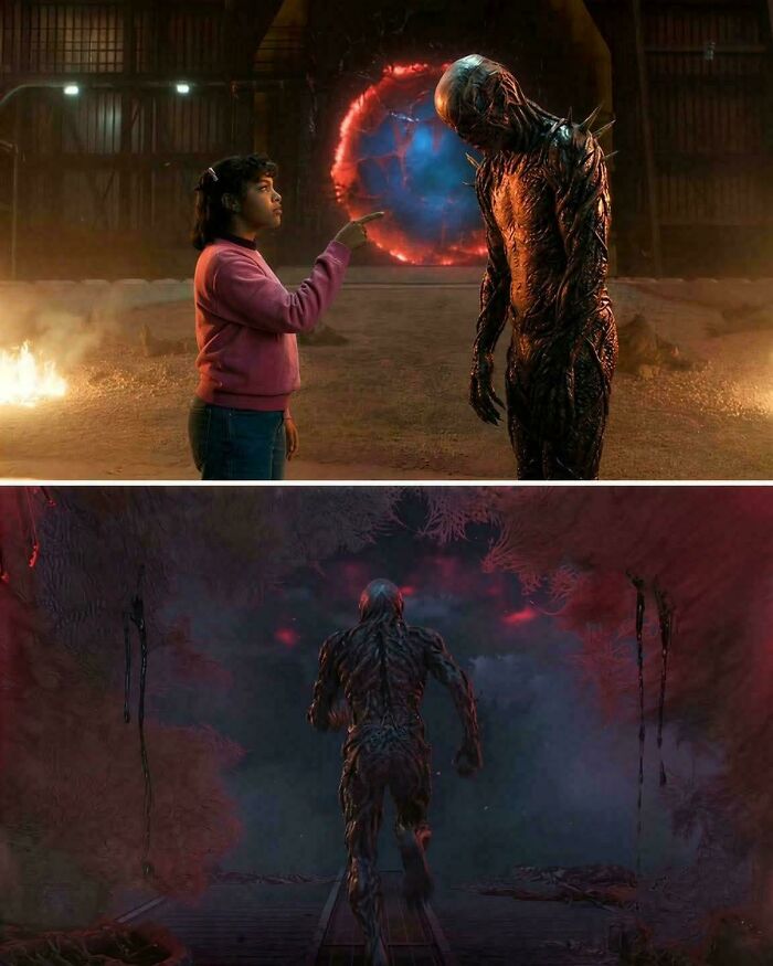 Character pointing at a monster near a portal and the monster walking into a dark, eerie environment from Stranger Things meme.