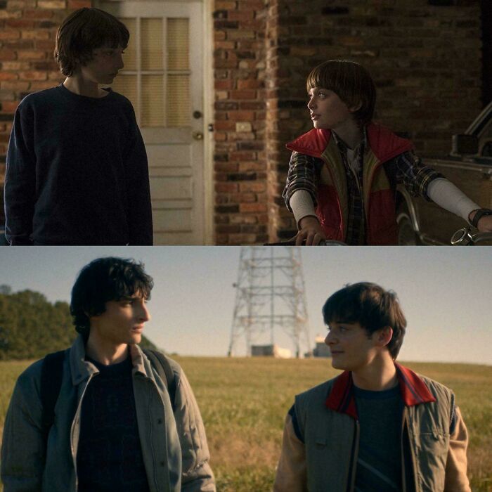 Two pairs of Stranger Things characters, one indoors beside a door and one outdoors near a field, in funny Stranger Things memes.
