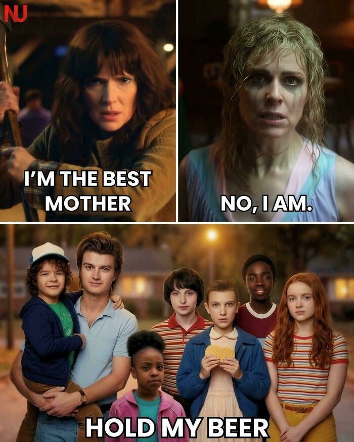 Stranger Things meme featuring characters arguing about being the best mother with kids holding waffles saying hold my beer.
