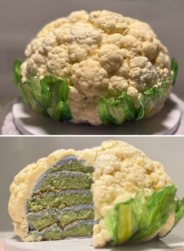 Cake designed to look like a cauliflower with detailed layers, showcasing masterfully crafted cakes and creative baking skills.