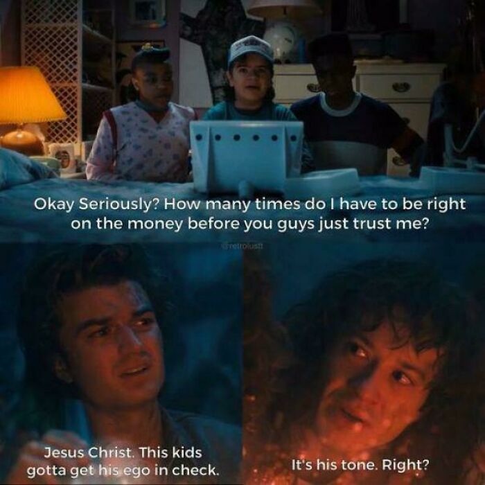 Kids watching a computer screen and two boys in a forest scene in a funny Stranger Things meme conversation.