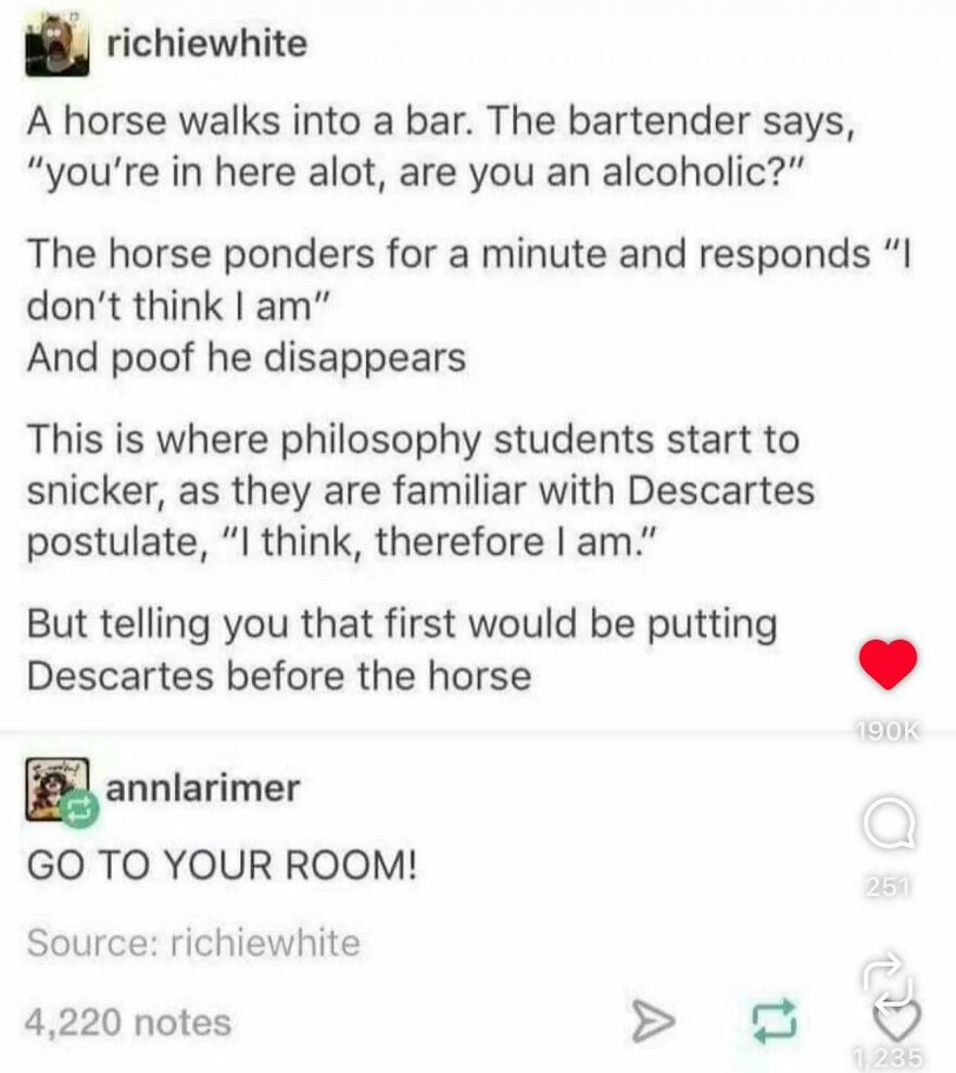Screenshot of a joke combining philosophy and wordplay, illustrating horrible jokes rewarded with angry upvotes.