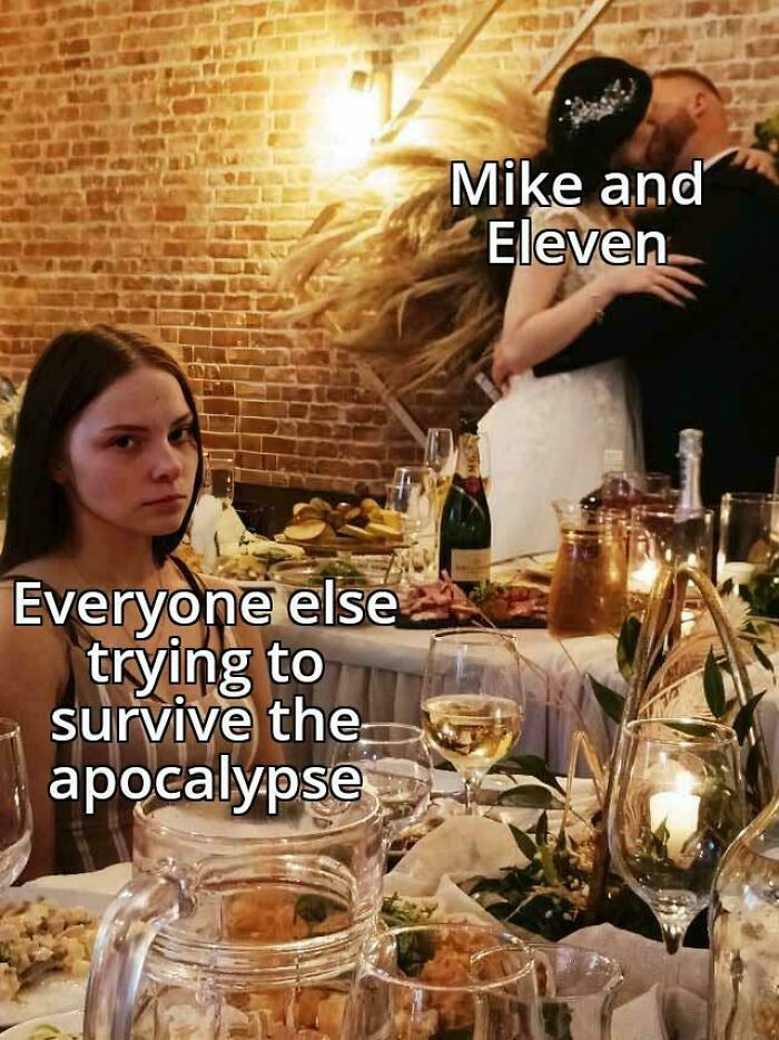 A woman looking annoyed at a party with Mike and Eleven kissing, funny Stranger Things memes about survival.