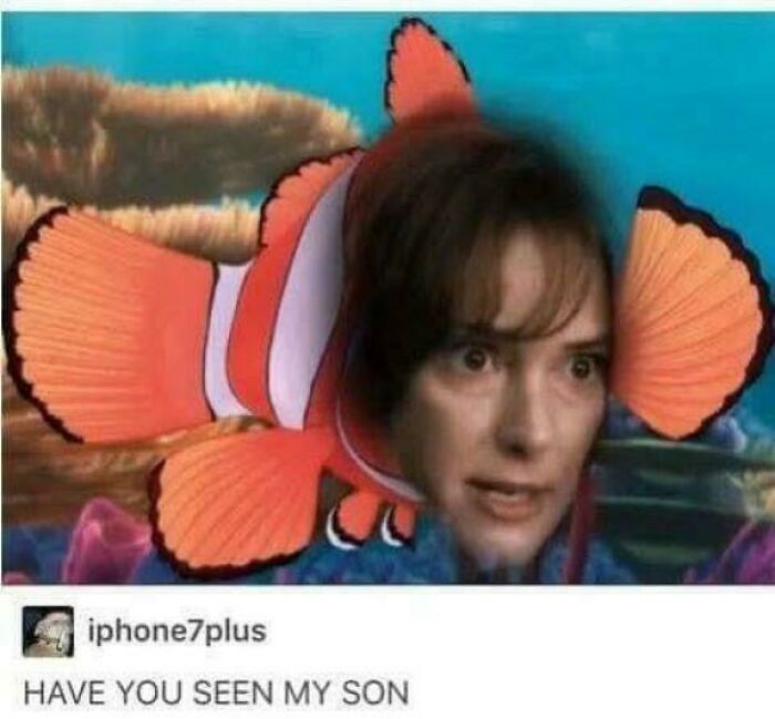 Funny Stranger Things meme showing a clownfish with a human face asking have you seen my son underwater.