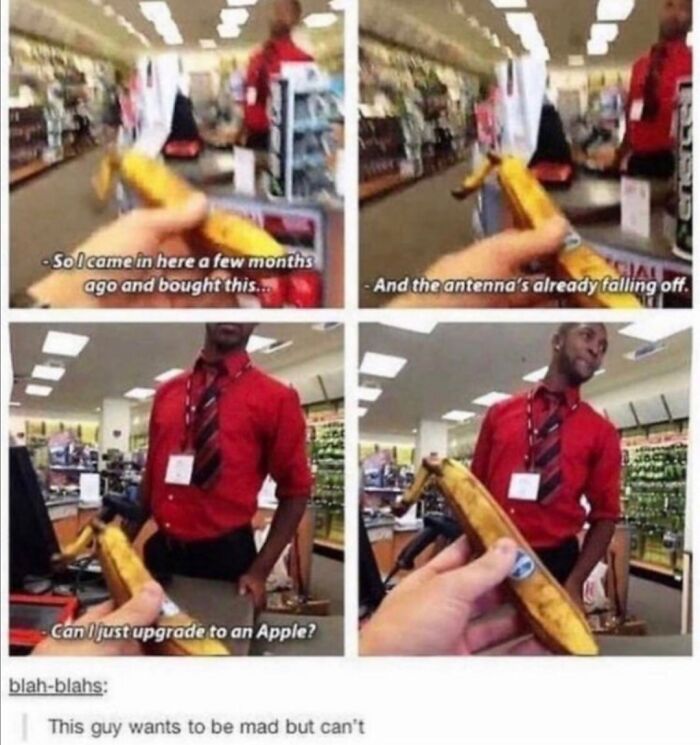 Customer holding a banana shaped like a phone, talking to a store employee in a funny stupid scenario.