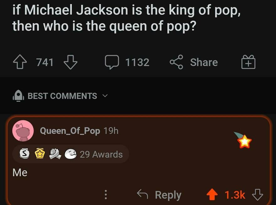 Reddit joke about Michael Jackson with an angry upvote reaction, showing 1.3k angry votes and 29 awards.