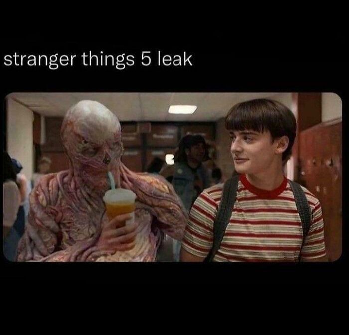 Stranger Things meme featuring a monster drinking a drink and a boy in a striped shirt walking in a school hallway.