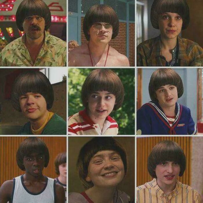 Characters from Stranger Things with similar bowl haircut styles shown in a humorous meme collage.