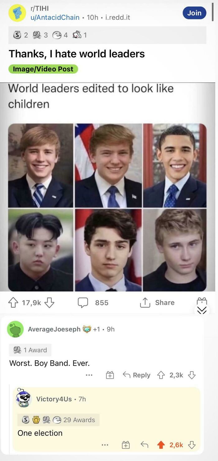 Reddit post showing world leaders edited to look like children, featured in hilariously stupid posts deserving angry upvotes.