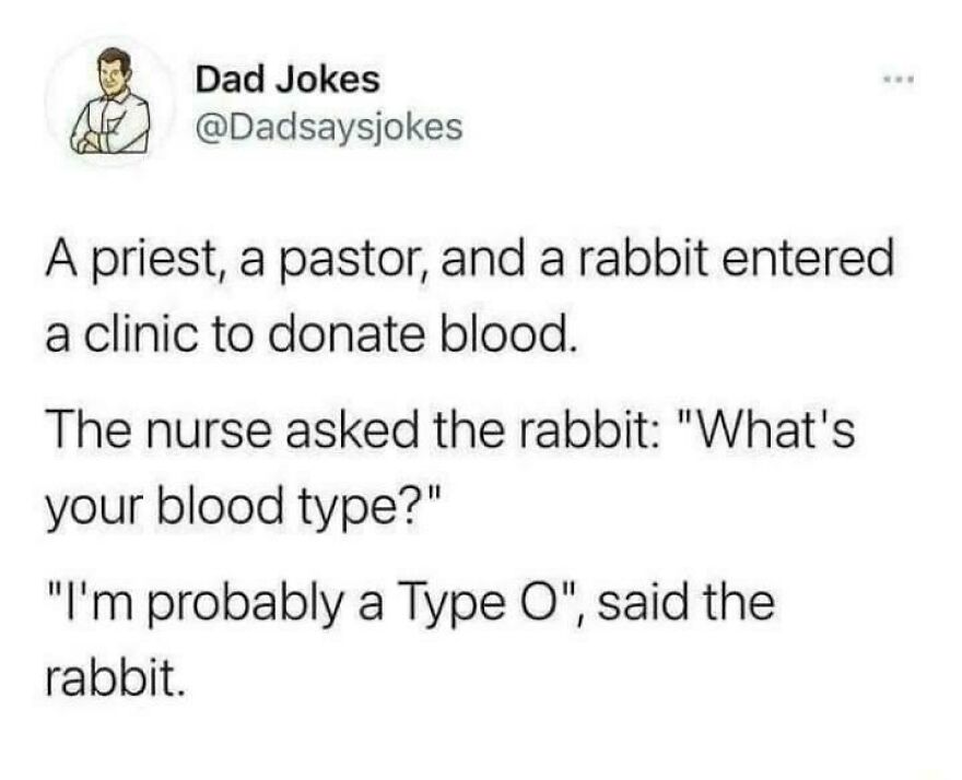 Dad joke about a priest, pastor, and rabbit with a pun on blood type O, fitting horrible jokes with angry upvotes.