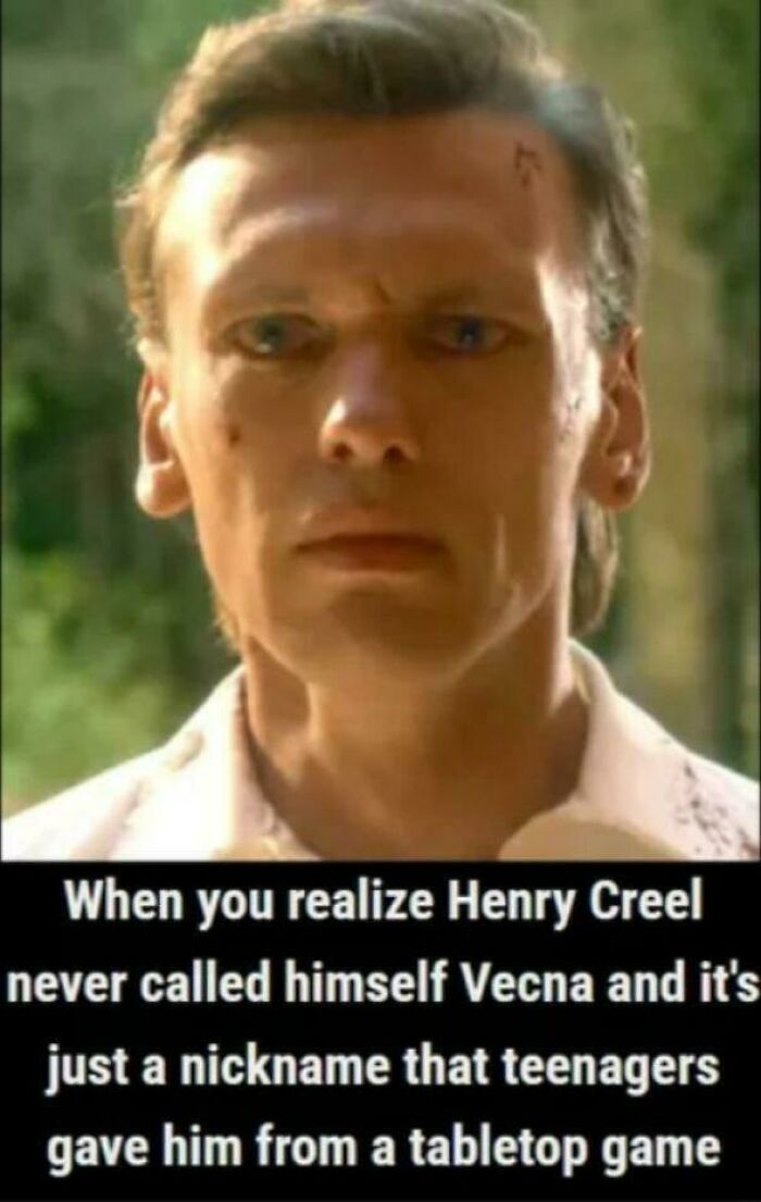 Close-up of Henry Creel from Stranger Things with a meme about the nickname Vecna from a tabletop game.