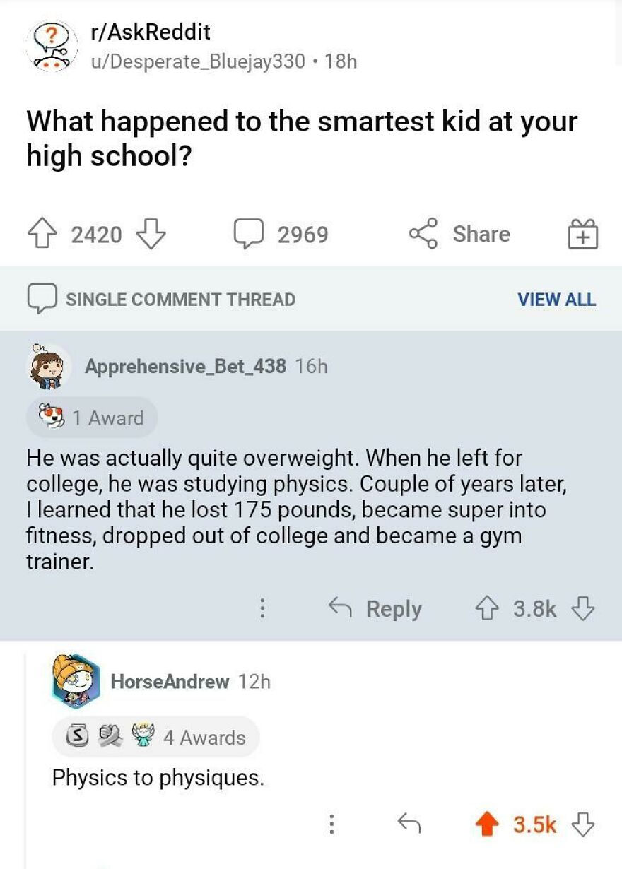 Reddit joke about the smartest kid changing from physics student to gym trainer with an angry upvote.