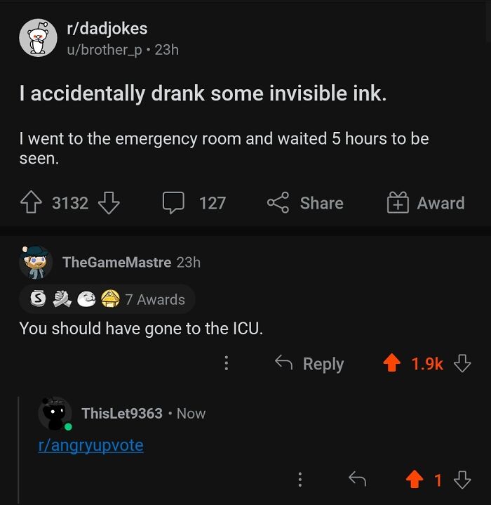 Reddit joke about drinking invisible ink, with comments and upvotes highlighting hilariously stupid posts deserving angry upvote.