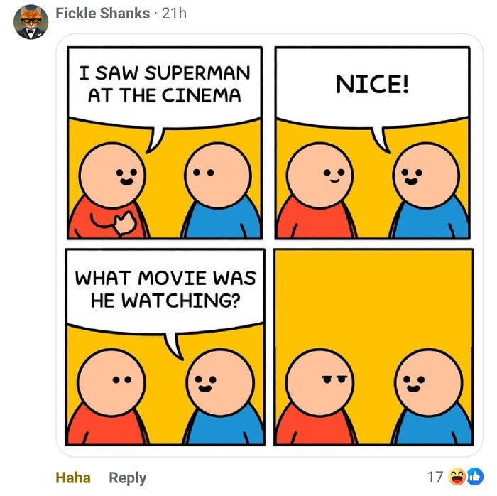 Comic strip featuring two simple characters with a humorous, stupid joke deserving an angry upvote reaction.