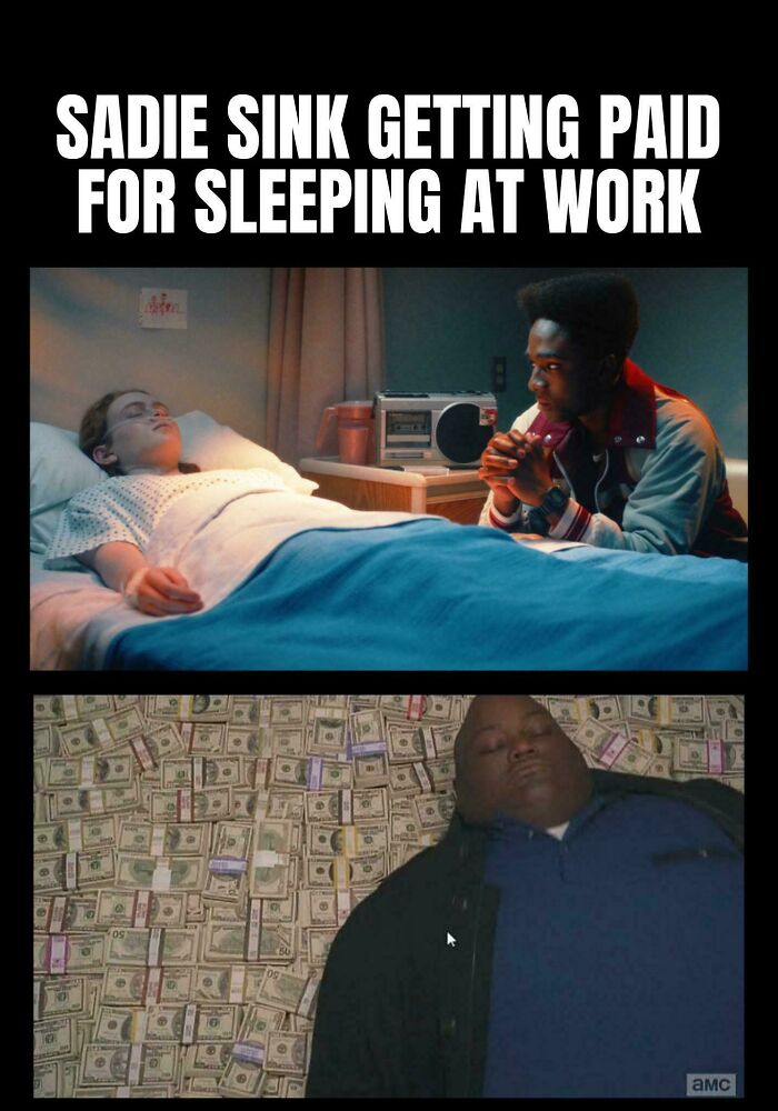 Stranger Things meme showing a character sleeping at work and another lying on a pile of money to entertain fans.