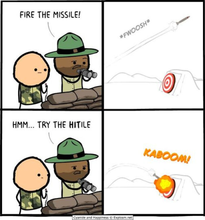 Comic strip showing soldiers firing a missile and hitting a target, illustrating hilariously stupid moments deserving angry upvotes.